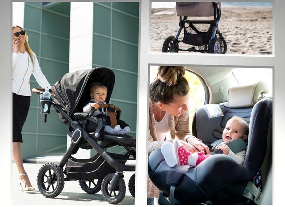 tri slike na kojoj su pokazani dijelovi 3u1 seta dječijih kolica